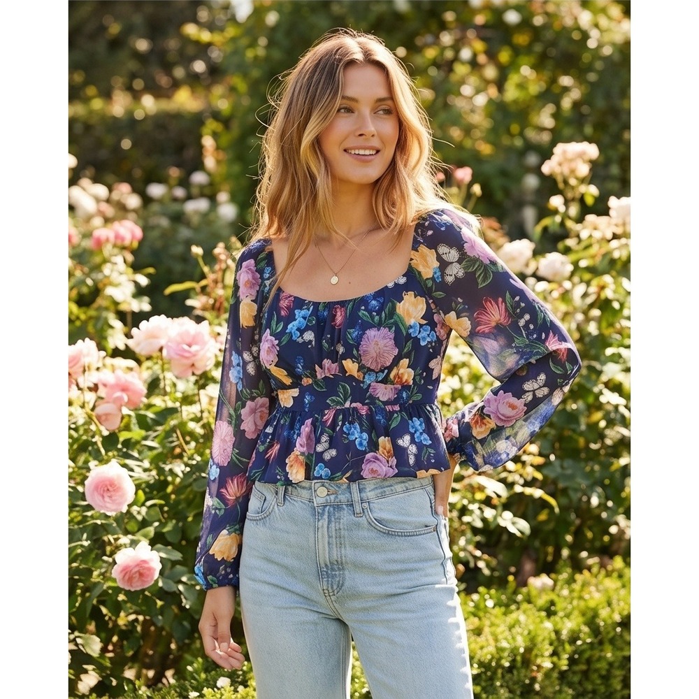 Torrid 2 Navy Butterfly Chiffon Smocked Peplum Top Plus 2X Flirty Botanical